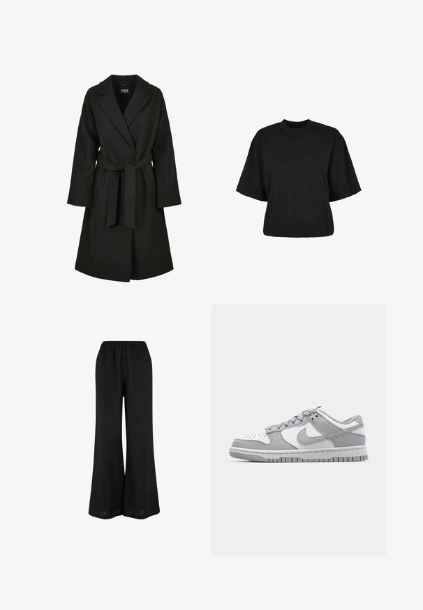 Fekete, strukturált anyagból készült köpeny, élénkített gallérral, hosszú ujjaival és derékon megkötött, hozzáillő övvel.; Fekete, rövid ujjú, pamut crop póló. Kerek nyakkivágással rendelkezik. Simára készült textúrája van, egyszerű dizájn, nincs rajta további minta.; Fekete, bő szárú nadrág könnyű anyagból. Rugalmas derékrésszel és földig érő, légies kialakítással rendelkezik.; Szürke és fehér alacsony szárú sportcipők bőr és velúr anyagból, perforált orr résszel és gumitalppal. Kiemelkedő swoosh logóval rendelkezik.