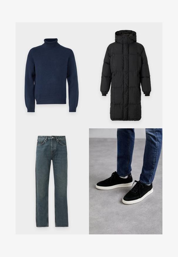 Melna pūsta jaka ar augstu apkakli, slēptām rāvējslēdzēm, elastīgām aprocēm un sānu kabatām. Taisnstūrveida forma, gluda tekstūra un plūstošs dizains.; Kā navy zilas krāsas turtlenecks džemperis, kas izgatavots no mīksta dzijas auduma. Iezīmē garas piedurknes un ribotās aproces un apakšmalu. Vienkāršs, klasiskas dizaina.; Tumši zili džinsi ar taisnas kājas dizainu, kas aprīkoti ar piecām kabatām, pogu aizdari un kontrastējošiem dūrieniem.; Melnas zamšādas tenisa kurpes ar baltu gumijas zoli, ar klasisku zemu augstumu, noapaļotu pirkstu un plakanām melnām šņorēm.