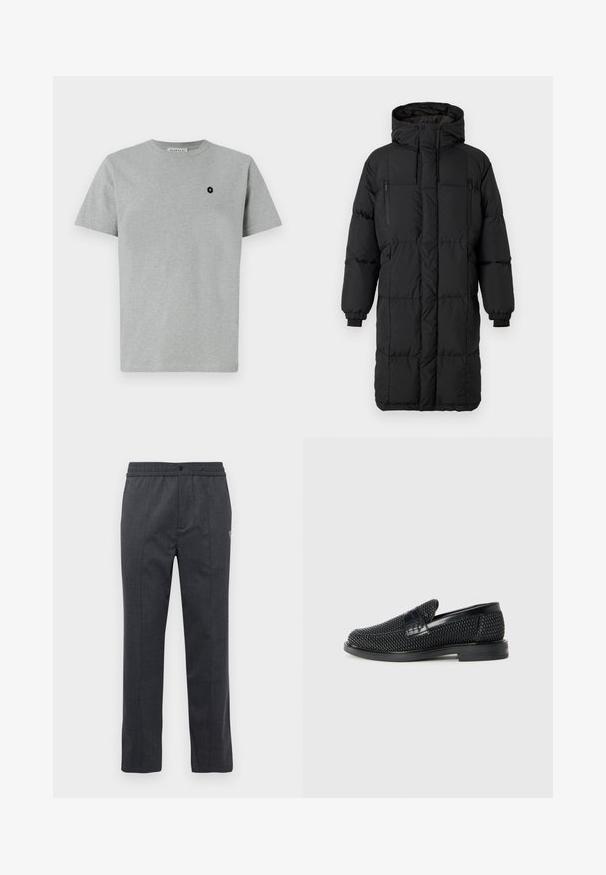 Cappotto imbottito nero con colletto alto, cerniere nascoste, polsini elasticizzati e tasche laterali. Forma rettangolare, texture liscia e design snello.; T-shirt in cotone grigio con collo rotondo, maniche corte e una toppa nera con logo che presenta un segno più sulla parte sinistra del petto.; Pantaloni dritti grigio scuro con vita elastica, chiusura frontale con bottone e sottile dettaglio ricamato sul lato destro.; Scarpa nera a mocassino intrecciata con un accentuato in pelle liscia sulla parte superiore, design a punta rotonda e suola in gomma a profilo basso.