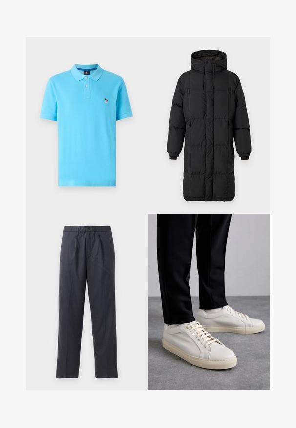 Melna pūsta jaka ar augstu apkakli, slēptām rāvējslēdzēm, elastīgām aprocēm un sānu kabatām. Taisnstūrveida forma, gluda tekstūra un plūstošs dizains.; Polo krekls spilgti zilā kokvilnā ar klasisku apkakli, divu pogu aizdari un mazu izšūtu dizainu uz krūšu.; Tumši tumši zili bikses, kas izgatavotas no mīksta auduma ar krokām priekšpusē un elastīgu jostasvietu. Iespējama pogas aizdare un taisna kāju griezums.; Gai beige ādas kedas ar plakaniem šņorēm, teksturētu virsmu un kontrastējošu krēmkrāsas gumijas zoli, apvienotas ar melniem pieguļošiem biksēm.