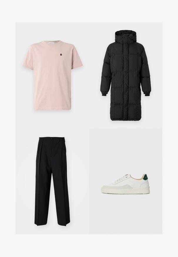 Melna pūsta jaka ar augstu apkakli, slēptām rāvējslēdzēm, elastīgām aprocēm un sānu kabatām. Taisnstūrveida forma, gluda tekstūra un plūstošs dizains.; Gaiši rozā īsām piedurknēm T-krekls, izgatavots no mīkstas auduma. Uz kreisā krūtis atrodas neliels melns sešstūra logo. Taisns griezums.; Melnas plisētās bikses ar taisnu, plata kāja dizainu. Izgatavotas no gludas auduma, ar pogu aizdari un jostas cilpiņām.; Baltas sneakers ar zamša akcentiem, noapaļota purngala, plakaniem auklām un krēmkrāsas gumijas zoli. Ar zaļu zīmolu uz papēža.