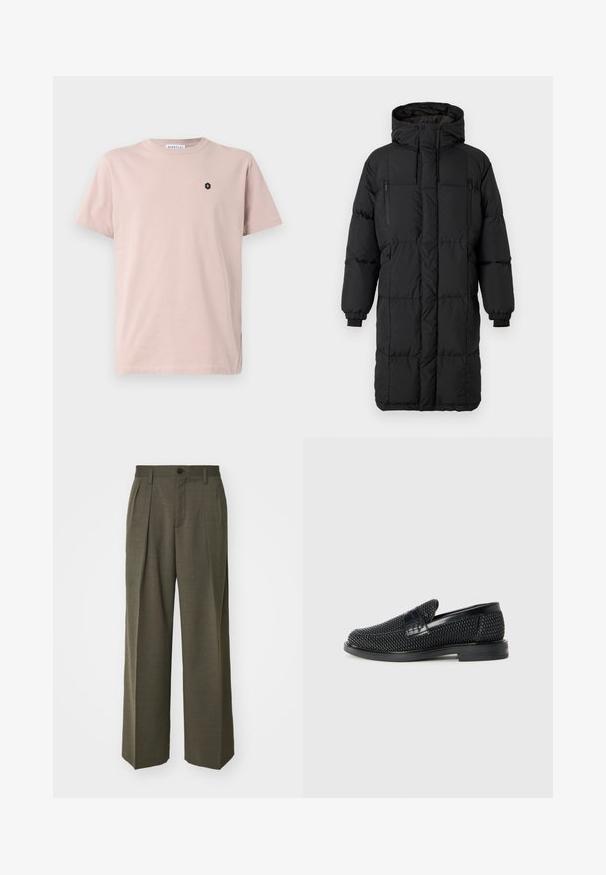 Sort polstret frakke med høj krave, skjulte lynlåse, elastiske manchetter og sidelommer. Retangulær form, glat tekstur og strømlinet design.; Lyserød kortærmet T-shirt lavet af blødt stof. Har et lille sort hexagonalt logo på venstre bryst. Lige snit design.; Filippa K WIDE TROUSERS - Bukser - driftwood; Sort vævet slip-on sko med en glat læderdetalje på overdelen, en rund tådesign og en lavprofil gummisål.