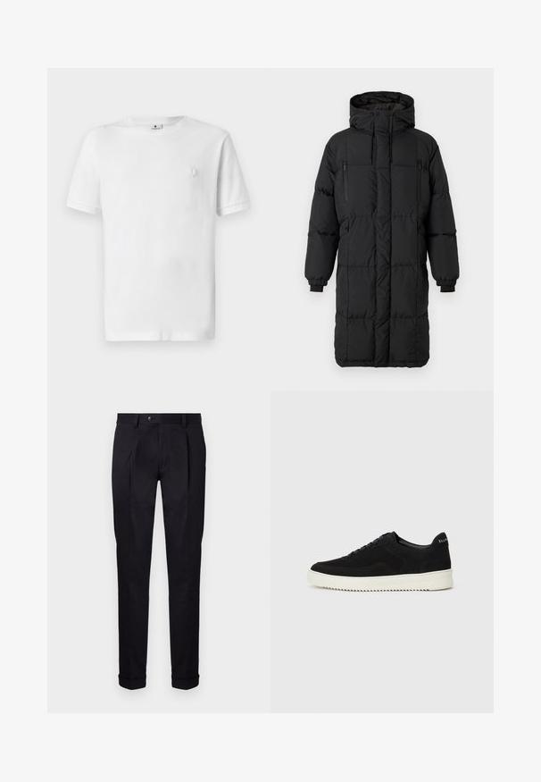 Sort polstret frakke med høj krave, skjulte lynlåse, elastiske manchetter og sidelommer. Retangulær form, glat tekstur og strømlinet design.; Hvid bomulds t-shirt med rund hals og korte ærmer. Har et lille, tekstureret logo på venstre brystområde. Glat stofstruktur.; Skræddersyede sorte bukser lavet af glat stof, med flad front, to frontplisseringer og manchetter i bunden for et rent og struktureret udseende.; Sort ruskinds sneaker med snørebånd og kontrasterende hvid gummisål. Har teksturerede sidepaneler og diskret branding på hælen.