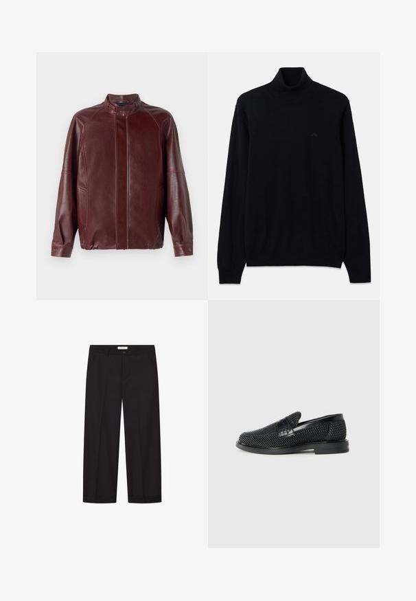 Burgundská kožená bunda s vysokým límcem, zipovým zapínáním, raglánovými rukávy, postranními kapsami a hladkou texturou. Vybavena cvoky na manžetách.; Černý rolák vyrobený z měkké pleteniny, s dlouhými rukávy a ribovanými manžetami a spodním lemem. Na hrudi je drobný černý detail loga.; Černé kalhoty se širokými nohavicemi vyrobené z hladkého materiálu. Mají zapínání na knoflík a zip, dvě přední kapsy a ostrý lem.; Černé pletené nazouvací boty s hladkým koženým akcentem na svršku, kulatou špičkou a nízkoprofilovou gumovou podrážkou.
