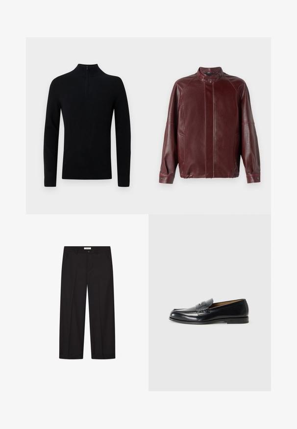 Burgundi värvi nahkjope kõrge kraega, lukuga, raglaanvarrukatega, küljetaskutega ja sileda tekstuuriga. Mansettides on nupud.; Must mustri kraepp, millel on kõrge kaelus ja lühike lukustus kaela juures. Valmistatud pehmest kudumaterjalist, ilma kaunistusteta ja nähtavate mustriteta.; Mustad laiad püksid, mis on valmistatud siledast kangast. Omab nuppe ja tõmblukku, kahte eesmist taskut ja teravat äärestust.; Mustad nahast loafers musta värviga, siledat pinna, ümmarguse toe, dekoratiivse tikandi ja väikese metallaktsendiga esiosas.