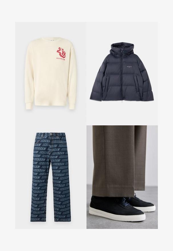 Tummansininen puffatakki, jossa on huppu, vetoketjusuljenta, pehmustettu muotoilu, joustavat yksityiskohdat ja logo rinnassa.; Vaatekappale on vaalean kermanvärinen pitkähihaista collegepaitaa, jossa on teksturoitu ribbidesign. Vasemmassa rintataskussa on punainen logo ja teksti.; Farkkutakki tummansinisellä värillä, jossa on koko pinnalla toistuva "ICECREAM"-tekstikuviopaini vaaleammassa sävyssä. Suora lahje ja normaali vyötärö.; Mustat mokkakengät valkoisilla kumipohjilla, joissa on pyöreä kärki ja nauhat, käytetään harmaiden räätälöityjen housujen kanssa.