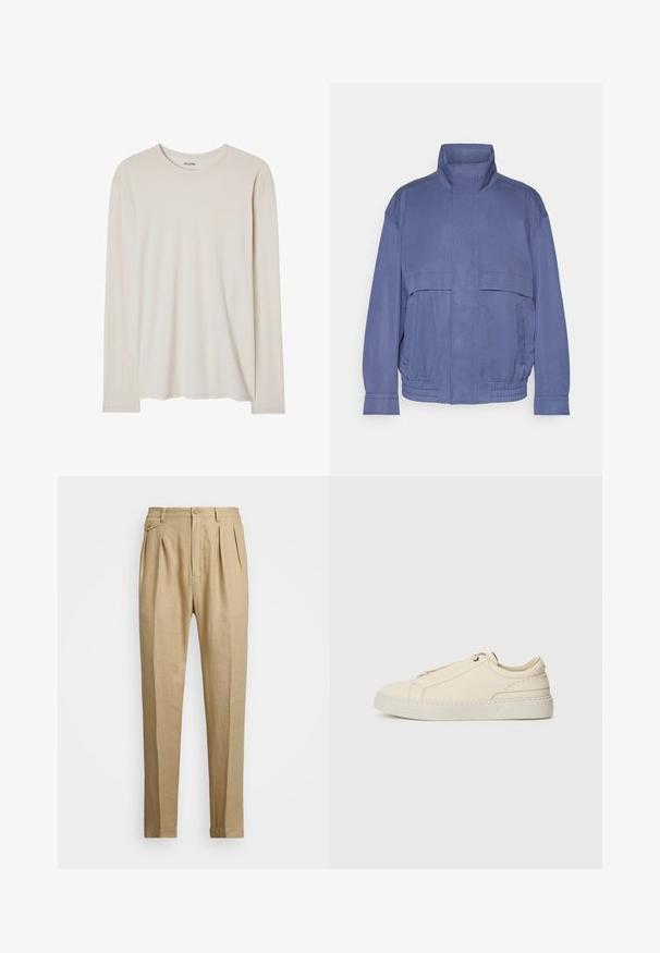 Lengvas mėlynas švarkas su aukštu apykakle, priekyje kišenėmis ir elastingu apvadu. Pagamintas iš lygios medžiagos su šiek tiek tekstūruotu paviršiumi.; Smėlinis ilgomis rankovėmis marškinėliai, pagaminti iš minkštos medžiagos. Turi apvalų iškirpimą ir tiesų kraštą, be matomų raštų ar papuošimų.; Bežinės lininės kelnės tiesaus kirpimo, turinčios dvi priekinės klostes, sagų užsegimą ir šonines kišenes. Tekstūruotas audinys su lygiu paviršiumi.; Kreminio odos sportbačiai su apvaliu nosiu, minimalistiniu dizainu, subtiliomis siuvimo detalėmis ir tekstūrine viršutine dalimi, ant šviesios pado.