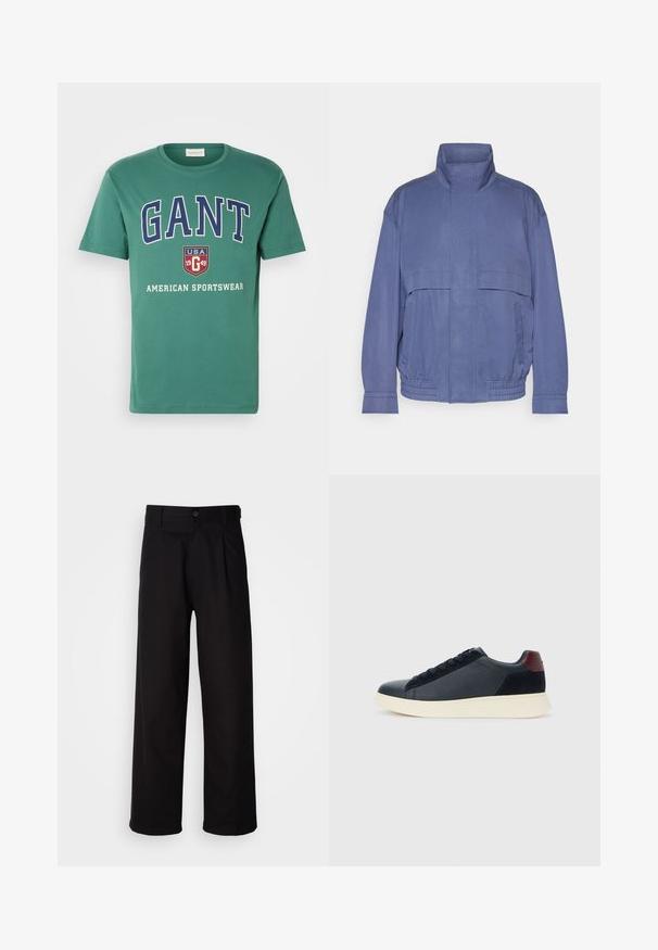 Gaiši zila viegla jaka ar augstu apkakli, priekšējiem kabatām un elastīgu apakšmalu. Izgatavota no gludas auduma ar nedaudz teksturētu virsmu.; Zaļa kokvilnas T-kreklu ar spilgtu baltu un jūras spēku tekstu, kas saka "GANT", "ASV 1949" un "Amerikāņu sporta apģērbs". Klasisks apaļais kakla dizains.; Melnas bikses, kas izgatavotas no gludas auduma, ar taisnu kāju dizainu, priekšējiem izliekumiem un vienu pogu aizdari jostasvieta.; Zemāko vīriešu sporta apavu modelis melnā ādas un zamša apdarē ar bordo krāsas papēža cilpu un baltu gumijas zoli, skatoties no ārējās puses.