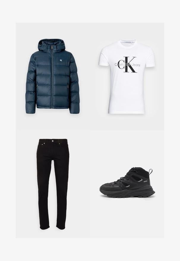 Tamno plava puf jakna s kapuljačom, koja ima prednji zatvarač, elastične manžete i brendirani logo na prsima. Mekan, kviltani materijal.; Bijela pamučna majica s crnim "CK" logotipom i natpisom "Calvin Klein Jeans", kratki rukavi i klasičan okrugli izrez.; Crne traperice slim kroja, s pet džepova i metalnim detaljima, s klasičnim kopčanjem na gumb i patent zatvaračem.; Crne planinarske cipele s višeslojnim dizajnom, teksturiranom tkaninom i gumenenim potplatom, s ojačanim dijelovima i vezicama sprijeda.