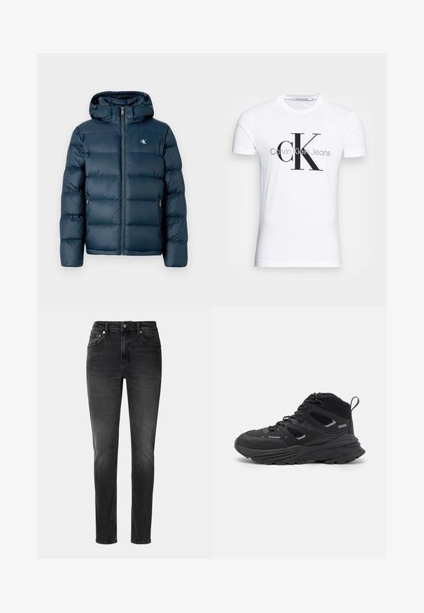 Granatowa kurtka puchowa z kapturem, z zamkiem błyskawicznym z przodu, elastycznymi mankietami i logo marki na klatce piersiowej. Miękka, pikowana struktura.; Biała bawełniana koszulka z krótkim rękawem z czarnym logo "CK" oraz napisem "Calvin Klein Jeans", z klasycznym okrągłym dekoltem.; Czarne dżinsy wykonane z denimu, z prostym krojem, pięcioma kieszeniami i zapięciem na guzik. Jasne przetarcia nadają tkaninie charakterystyczną teksturę.; Czarne buty trekkingowe z warstwowym wzornictwem, teksturowanym materiałem i gumową podeszwą, z wzmocnionymi obszarami i sznurowanym przodem.