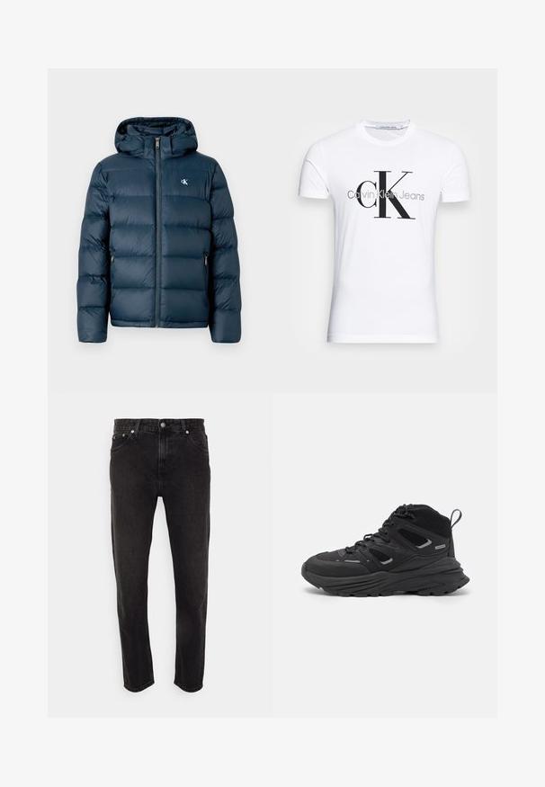 Jachetă puffer de culoare albastru marin cu glugă, dotată cu un fermoar frontal, mansete elastice și un logo de marcă pe piept. Textură moale, matlasată.; Tricou alb din bumbac, cu un logo negru "CK" și textul "Calvin Klein Jeans", cu mâneci scurte și un guler clasic rotund.; Jeans negri din denim cu un design drept, având o talie medie, brăti de curea și un stil cu cinci buzunare. Textură moale cu o decolorare minimă.; Pantofi de drumeție negri cu un design stratificat, material texturat și talpă din cauciuc, cu zone întărite și sistem de șireturi.
