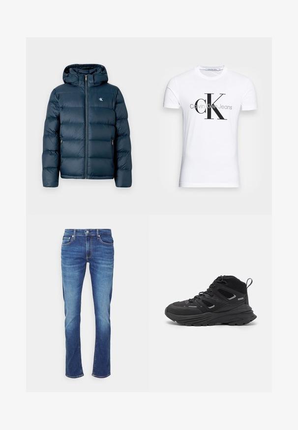 Tamno plava puf jakna s kapuljačom, koja ima prednji zatvarač, elastične manžete i brendirani logo na prsima. Mekan, kviltani materijal.; Bijela pamučna majica s crnim "CK" logotipom i natpisom "Calvin Klein Jeans", kratki rukavi i klasičan okrugli izrez.; Plave traperice s ravnim nogavicama. Karakteristike uključuju klasičan raspored pet džepova i vidljive detalje šivanja.; Crne planinarske cipele s višeslojnim dizajnom, teksturiranom tkaninom i gumenenim potplatom, s ojačanim dijelovima i vezicama sprijeda.
