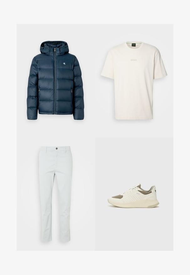 Tamno plava puf jakna s kapuljačom, koja ima prednji zatvarač, elastične manžete i brendirani logo na prsima. Mekan, kviltani materijal.; BOSS TEE - Osnovna majica kratkih rukava - open white; Svijetlozeleni pamučni hlače ravnog kroja, s prednjim kopčanjem na dugme i bočnim džepovima. Glatka tekstura, bez vidljivih uzoraka.; Bijele i svijetlosmeđe sportske tenisice, sa mrežastim gornjim dijelom, perforiranim detaljima i teksturiranim međutrakom sa brendom na peti.