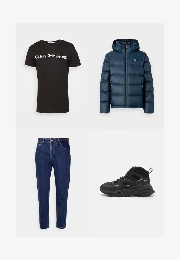 Tumed sinine puffjakkk, millel on kapuuts, esitõmblus, elastsed mansetid ja brändi logo rinnal. Pehme, tikandiga tekstuur.; Must must nagi T-särk musta puuvillast, ümmarguse dekolteega ja lühikeste varrukatega; "Calvin Klein Jeans" logo valgena rinnal.; Tumed sinise denimi teksad, sirge sääre disainiga, viie taskuga ja nupuväärisega kinnitusega. Omab peenet kulumist ja õmbluse detailimist.; Mustad matkajalatsid, millel on kihiline disain, tekstureeritud kangas ja kummist tallad, tugevduskohtadega ning sidumisfront.
