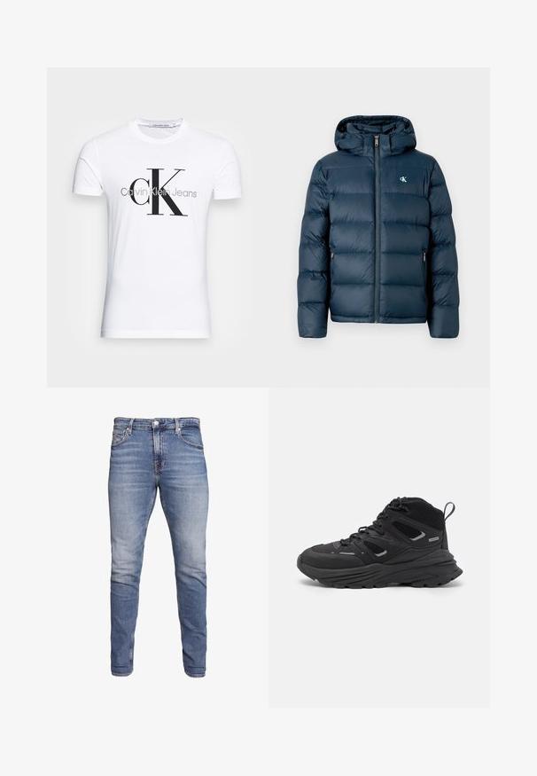 Mörkblå puffjacka med huva, med en dragkedja fram, elastiska ärmslut och en logotyp på bröstet. Mjuk, quiltad textur.; Vit bomulls t-shirt med en svart "CK"-logotyp och texten "Calvin Klein Jeans", korta ärmar och en klassisk rund halsringning.; Blå slim-fit jeans med fem fickor, blekt tvätt, knäppning och bälteshål, uppvisade mot en vit bakgrund.; Svarta vandringsskor med ett flerskiktat mönster, texturerat tyg och gummisula, med förstärkta områden och snörning fram.