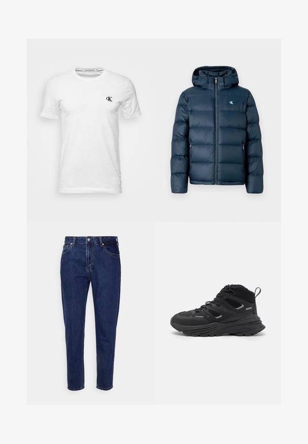 Jachetă puffer de culoare albastru marin cu glugă, dotată cu un fermoar frontal, mansete elastice și un logo de marcă pe piept. Textură moale, matlasată.; Tricou alb din bumbac, cu guler rotund și mâneci scurte, având un mic logo negru "ck" în zona stângă a pieptului.; Jeans din denim albastru închis, cu un design drept, cinci buzunare și încheiere cu buton. Prezintă estompare subtilă și detalii cu cusături.; Pantofi de drumeție negri cu un design stratificat, material texturat și talpă din cauciuc, cu zone întărite și sistem de șireturi.