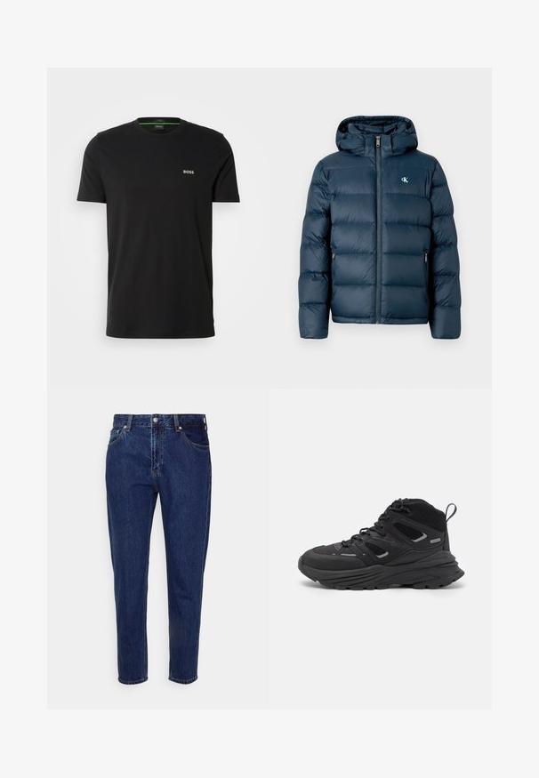 Tengerészkék puffertakaró kapucnival, elöl cipzárral, rugalmas mandzsettákkal és a mellkason elhelyezett logóval. Puha, steppelt szerkezet.; Fekete pamut póló rövid ujjakkal és kerek nyakkivágással, bal mellen egy kis, arany hímzett logóval.; Sötétkék farmernadrág egyenes szárú szabással, öt zsebbel és gombos cipzárral. Finom elhalványulásokkal és varrási részletekkel rendelkezik.; Fekete túracipő rétegezett kialakítással, texturált anyaggal és gumitalppal, megerősített részekkel és fűzős elülső résszel.