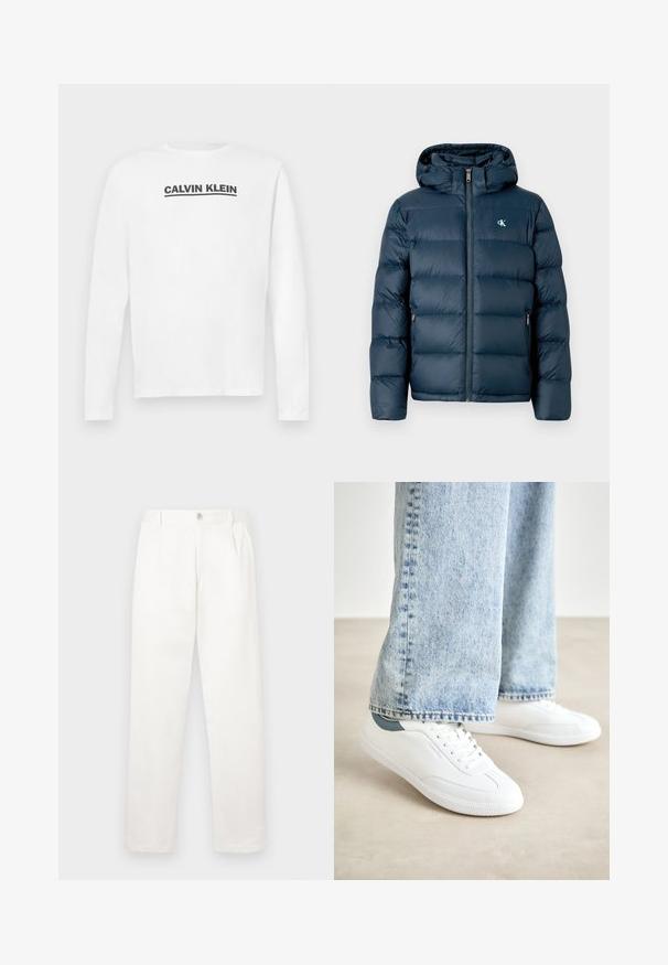 Navy blue puffer jacket with a hood, featuring a front zipper, elastic cuffs, and a branded logo on the chest. Soft, quilted texture.; White long-sleeve shirt made of cotton, featuring a black "CALVIN KLEIN" logo across the chest and a crew neckline. Smooth texture.; White trousers made from smooth fabric, featuring a straight leg design, front pleats, and a single button closure at the waist.; White sneakers with smooth material, lace-up design, textured rubber sole, and a teal accent at the heel, paired with light blue jeans.