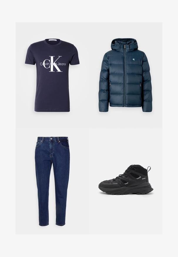 Marineblå puffjakke med hette, med glidelås foran, elastiske mansjetter og et merket logo på brystet. Myk, quiltet tekstur.; Mørkeblå bomulls T-skjorte med korte ermer som har en stor hvit "CK" logo og teksten "Calvin Klein Jeans". Glatt tekstur, klassisk passform.; Mørkeblå denimjeans med rette ben, fem lommer og knappestenge. Har subtil falming og sømdetaljer.; Sorte tursko med en lagdelt design, teksturert stoff og gummisåle, med forsterkede områder og snøring foran.