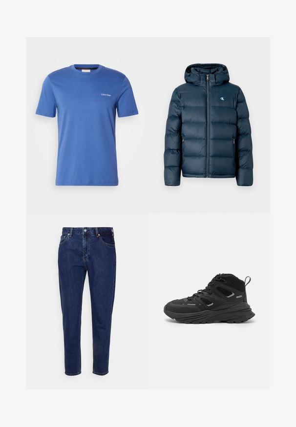 Marineblå puffjakke med hette, med glidelås foran, elastiske mansjetter og et merket logo på brystet. Myk, quiltet tekstur.; Blå bomull T-skjorte med rund hals, korte ermer, og en minimalistisk hvit "Calvin Klein" logo på venstre bryst. Enkel design.; Mørkeblå denimjeans med rette ben, fem lommer og knappestenge. Har subtil falming og sømdetaljer.; Sorte tursko med en lagdelt design, teksturert stoff og gummisåle, med forsterkede områder og snøring foran.