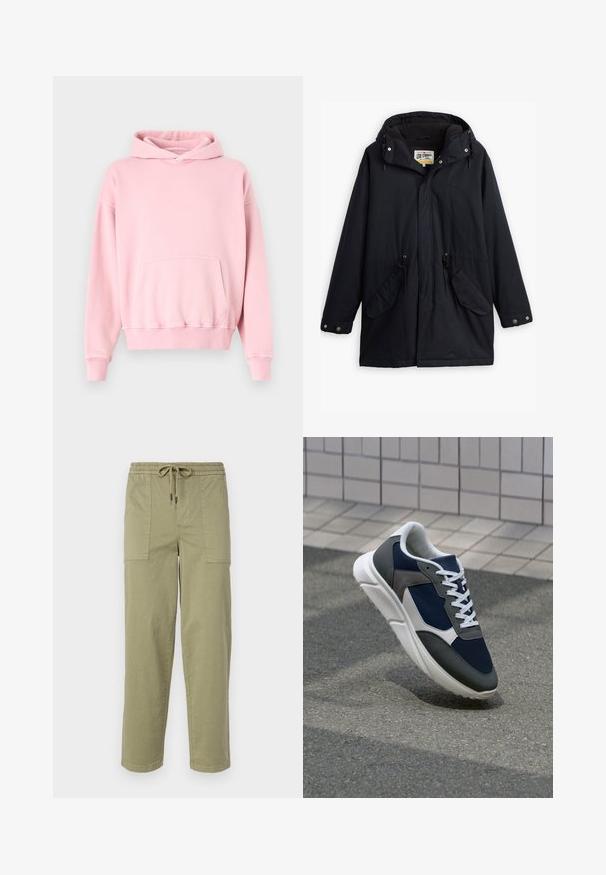 Crni vodootporni parka s odvojivom kapuljačom, strukom s vezicom, dva bočna džepa i mekanim oblogom. Ima kopčanje na dugmiće i izdržljivu tkaninu.; Roze dukserica s kapuljačom napravljena od mekog kombiniranog pamuka, sa prednjim džepom, rebrastim rukavima i rubom. Jednostavan dizajn s opuštenim krojem.; Svijetlo maslinasto zelene hlače od mješavine pamuka, sa elastičnom strukom i vezicom, te dva velika bočna džepa.; Tenisice s gornjim dijelom od mrežastog materijala tamnoplave boje, siva antilopova naglašavanja, bijela gumena potplat i ravne bijele vezice, dizajnirane za udobnost i prozračnost.