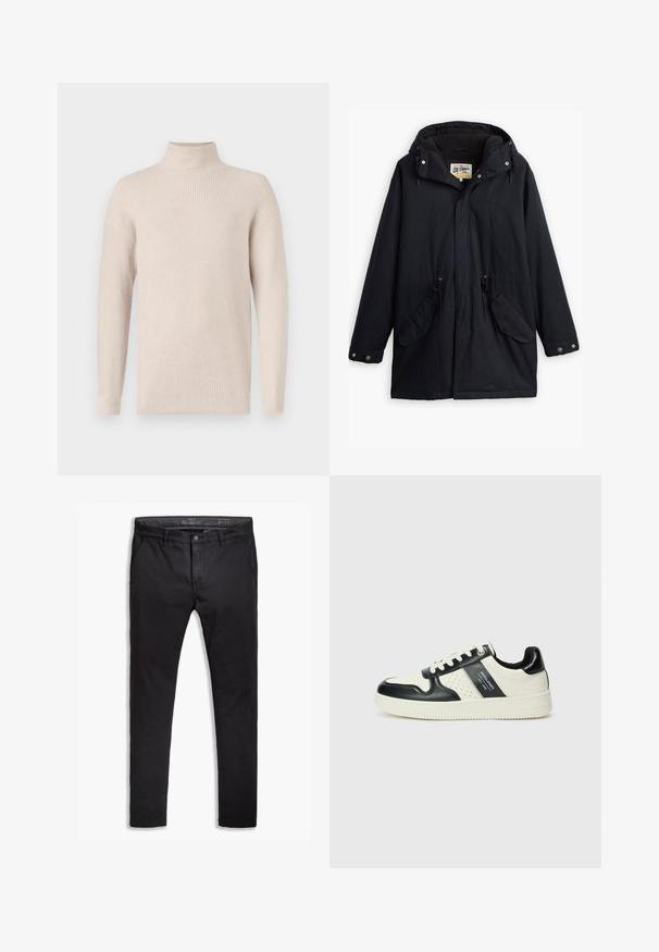 Črna nepremočljiva parka z odstranljivo kapuco, vrvico v pasu, dvema stranskima žepoma in mehkim podlogom. Vključuje gumbe za zapiranje in trpežno tkanino.; Svetar iz svetlo bež ribanog pletiva sa dugim rukavima i blago širokim krojem, prikazan na beloj pozadini.; Črne bombažne chinos hlače s ozkim krojem, ki imajo pet žepov, pasne zanke in gladko teksturo. Zadrga in gumb za zapiranje.; Usnjeni športni čevlji z črno in krem barvno shemo, ki vključujejo perforirane dodatke, podložen ovratnik in strukturirano podplat.