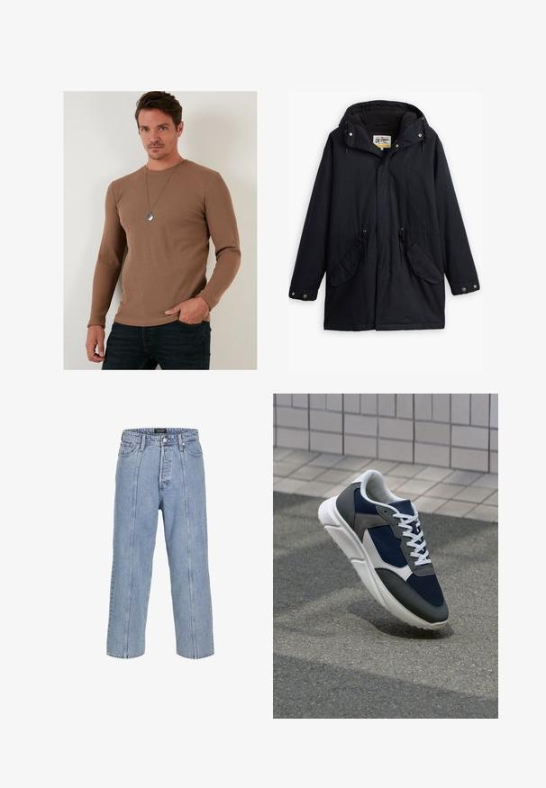 Črna nepremočljiva parka z odstranljivo kapuco, vrvico v pasu, dvema stranskima žepoma in mehkim podlogom. Vključuje gumbe za zapiranje in trpežno tkanino.; Rjava rebrasta dolgesleeve majica iz teksturiranega blaga, s krožnim izrezom in oprijetim krojem, združena z temnimi kavbojkami.; Svetlo modri kavbojasti hlače ohlapnega kroja s širokimi nogavicami in vidnimi šivi. Imajo gumb in zadrgo ter pet žepov.; Superge z zgornjim delom iz mrežaste tkanine v mornarsko modri barvi, sivi usnjeni poudarki, belo gumijasto podplato in ravnimi belimi vezalkami, zasnovane za udobje in zračnost.
