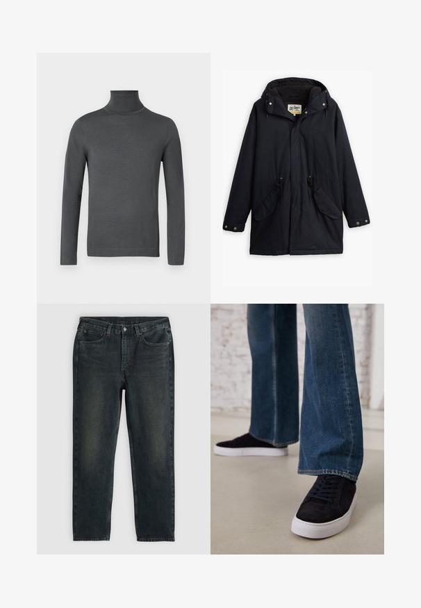 Črna nepremočljiva parka z odstranljivo kapuco, vrvico v pasu, dvema stranskima žepoma in mehkim podlogom. Vključuje gumbe za zapiranje in trpežno tkanino.; Temno siva dolga majica s turtleneck ovratnikom in prilegajočimi manšetami ter gladkim, finim pletenim vzorcem na belem ozadju.; Temno modri traper hlače z ravnim krojem, opremljene s petimi žepi, zadrgo in kontrastnim šivom. Nežna bledica na tkanini.; Temno modri semiš športni copati z belo gumijasto podplatom in vezalkami, v kombinaciji z širokimi jeans hlačami v srednje modrem pranju.