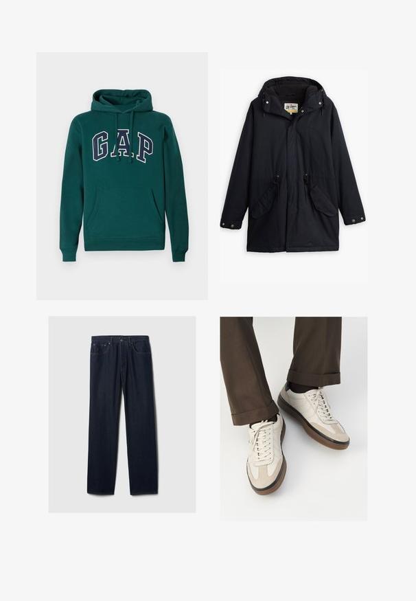 Fekete vízálló parka leválasztható kapucnival, húzózsinóros derékkal, két oldalsó zsebből és puha béléssel. Patentos záródással és tartós anyaggal rendelkezik.; Sötétzöld kapucnis pulóver pamut keverékből, fehér és tengerészkék "G.A.P." logóval, elöl kenguruzsebbel és húzózsinóros kapucnival.; Sötétkék egyenes szabású farmernadrág, öt zsebbel, gombos záródással és látható varrással egy sima világos háttéren.; Beige sportcipők, texturált velúr elülső résszel, sima bőr oldalakkal és barna gumitalppal. Fűzők és világos varrási részletek is megtalálhatók.