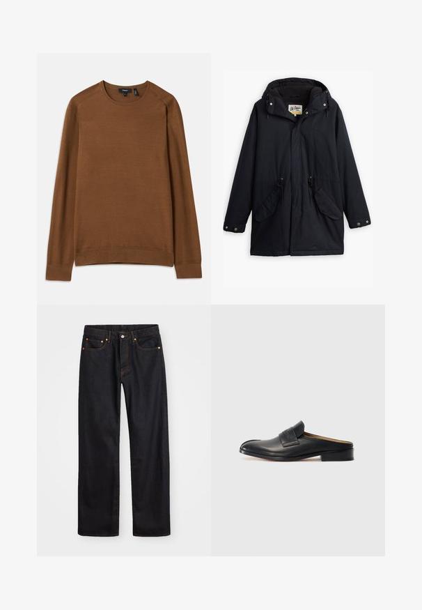 Schwarze wasserdichte Parka mit abnehmbarem Kapuzen, Kordelzug in der Taille, zwei seitlichen Taschen und weicher Innenauskleidung. Mit Druckknopfverschluss und strapazierfähigem Stoff.; Brauner Strickpullover mit Rundhalsausschnitt, langen Raglanärmeln und strukturiertem Muster. Verfügt über gerippte Bündchen und Saum für einen figurnahen Look.; Herren gerade geschnittene schwarze Jeans aus Denim mit fünf Taschen und orangefarbenen Nähten, Knopf- und Reißverschluss vorne am Bund.; Schwarzer Leder-Schlüpfschuh mit runder Spitze, niedrigem Blockabsatz und einem vorderen Riemen. Glatte Textur mit dezentem Logo-Detail am Riemen.