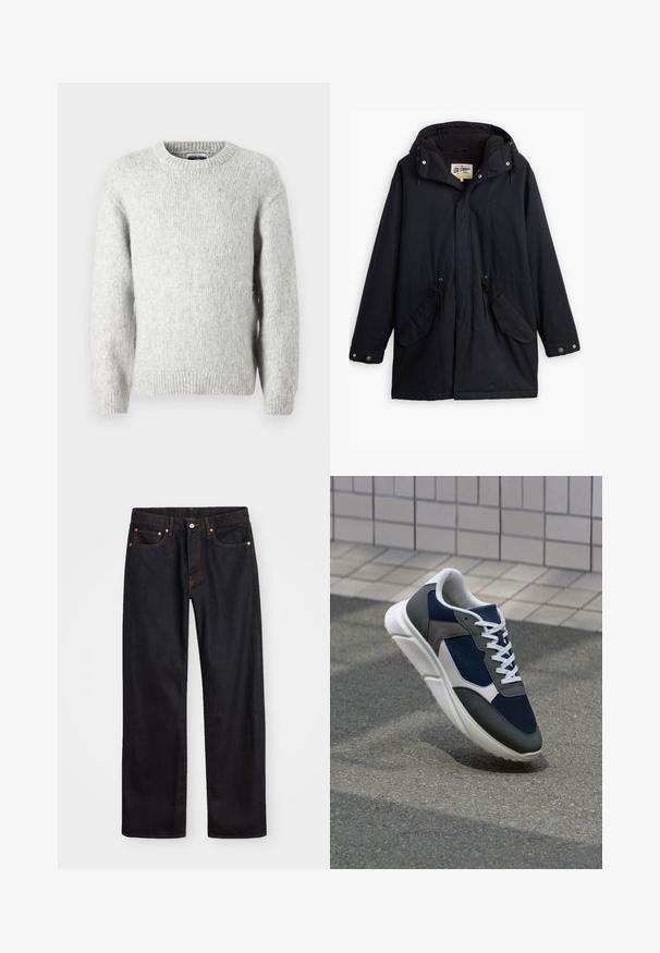 Černá voděodolná parka s odnímatelnou kapucí, stažením v pase, dvěma bočními kapsami a měkkou podšívkou. Obsahuje patentky a odolnou tkaninu.; Jack & Jones JCOREFLEX FUZZY CREW NECK - Svetr - light grey melange; Pánské černé džíny rovného střihu s pěti kapsami a oranžovým prošíváním, s knoflíkem a zipem na předním pásku.; Tenisky s horní částí z námornicky modré síťoviny, šedými semišovými akcenty, bílou gumovou podrážkou a plochými bílými tkaničkami, navržené pro pohodlí a prodyšnost.