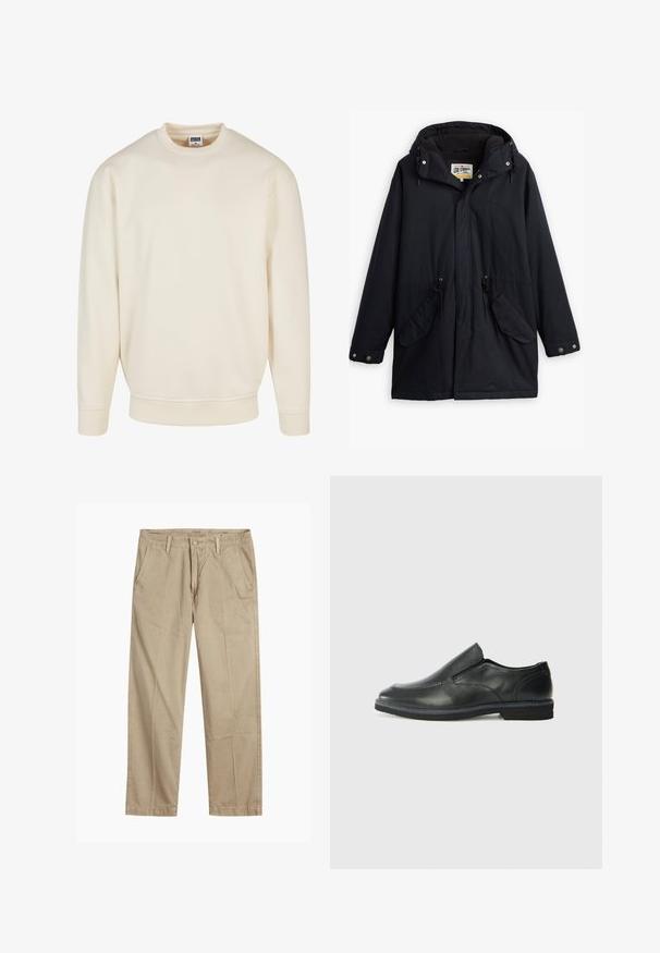 Parka neagră impermeabilă cu glugă detașabilă, talie ajustabilă cu șnur, două buzunare laterale și o căptușeală moale. Dispune de închideri cu capse și material rezistent.; Hanorac crem cu guler și manșete ribțuite. Are o croială lejeră, o textură moale și nu are modele sau grafică vizibile.; Chino bej cu picior drept, cu bucle pentru curea, închidere cu nasture și fermoar în față, și buzunare laterale înclinate.; Pantof de piele neagră, tip slip-on, cu un superior neted, accente cusute, vârf rotunjit și un toc jos din cauciuc. Talpa are un profil minim de aderență.