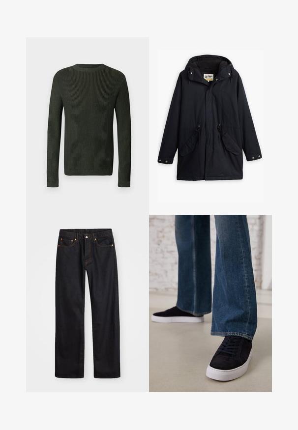 Parka impermeável preta com capuz destacável, cintura com cordão, dois bolsos laterais e um forro macio. Apresenta fechos de pressão e tecido durável.; Suéter de malha canelada verde escuro, de mangas longas e decote redondo, com um padrão de malha ligeiramente texturizado sobre um fundo claro.; Calças de ganga pretas para homem, de pernas retas, com cinco bolsos e costura laranja, fecho de botão e zíper na cintura da frente.; Tênis de camurça azul escuro com sola de borracha branca e atacadores, combinados com jeans de perna larga em um tom de azul médio.