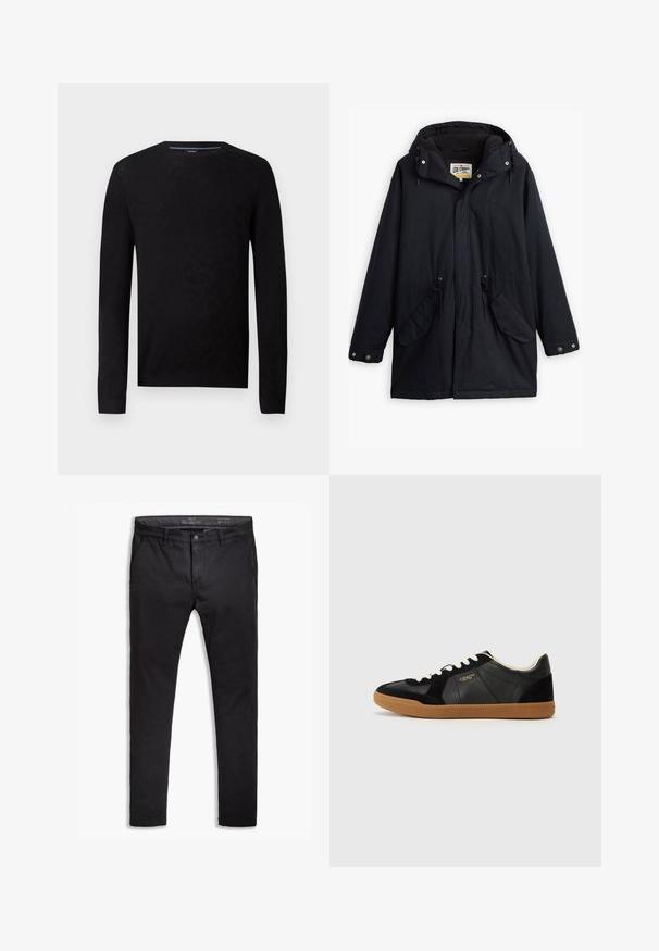 Parka neagră impermeabilă cu glugă detașabilă, talie ajustabilă cu șnur, două buzunare laterale și o căptușeală moale. Dispune de închideri cu capse și material rezistent.; Pulover negru cu guler rotund și mâneci lungi. Prezintă un model texturat și manșete strâmte pentru o siluetă ajustată.; Chino negre din bumbac cu o croială ajustată, având cinci buzunare, bucle pentru curea și o textură netedă. Mânecuță cu fermoar și închidere cu nasture.; Sneakers din piele neagră și suede, cu talpă din cauciuc natural, șireturi albe și detalii gravate cu logo pe lateral. Prezintă un design cu profil redus.
