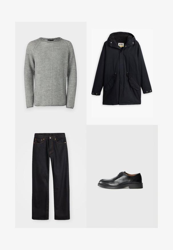 Parka nera impermeabile con cappuccio staccabile, vita regolabile con cordino, due tasche laterali e una fodera morbida. Dotato di chiusure a scatto e tessuto resistente.; Maglione grigio a coste con maniche lunghe, scollo rotondo e tessuto testurizzato. Presenta una finitura pulita lungo i bordi e una vestibilità comoda.; Jeans neri in denim dritto da uomo con cinque tasche e cuciture arancioni, chiusura con bottone e zip sulla vita anteriore.; Scarpa da uomo in pelle nera, con punta arrotondata, superficie liscia, dettagli in pizzo e suola in gomma bassa e texturizzata. Linee pulite e design minimale.