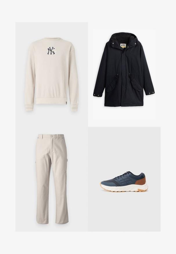 Black waterproof parka with a detachable hood, drawstring waist, two side pockets, and a soft lining. Features snap closures and durable fabric.; Beige ribbed sweatshirt featuring a navy logo on the chest, round neck, and banded cuffs. Smooth texture with a relaxed fit design.; Beige cargo pants made of sturdy cotton with straight legs, front button closure, and side pockets for utility. Smooth texture with subtle stitching.; Navy blue athletic shoes with a brown heel accent, textured mesh upper, padded collar, and white rubber sole with a patterned tread.