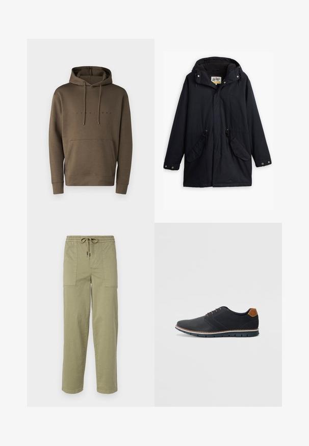 Black waterproof parka with a detachable hood, drawstring waist, two side pockets, and a soft lining. Features snap closures and durable fabric.; Brown hooded sweatshirt with drawstrings, front kangaroo pocket, and a printed logo in black across the chest. Soft fabric texture.; Light olive green pants made of cotton blend fabric, featuring an elastic waistband with drawstring, and two large side pockets.; Black synthetic shoes with a textured upper, smooth accents, brown heel, and a contrasting sole. Features minimal lacing and stitch details.