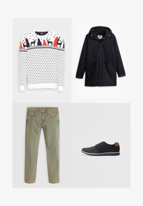 Parka impermeável preta com capuz destacável, cintura com cordão, dois bolsos laterais e um forro macio. Apresenta fechos de pressão e tecido durável.; Denim Project XMAS DEER - Camisola - white; Calças de ganga verde-claro com um design de perna reta. Apresentam bolsos frontais e traseiros, rebites de cobre e costura bege.; Sapatos sintéticos pretos com um upper texturizado, pormenores lisos, salto castanho e uma sola contrastante. Apresentam um sistema de atacadores mínimo e detalhes de costura.