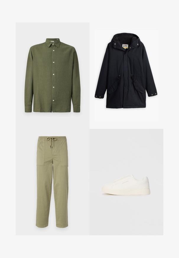 Parka impermeável preta com capuz destacável, cintura com cordão, dois bolsos laterais e um forro macio. Apresenta fechos de pressão e tecido durável.; Camisa de manga longa verde-oliva feita de um tecido texturizado. Apresenta um fecho frontal com botões e um colarinho clássico, com cinco botões na pala.; Calças verde-oliva claras feitas de um tecido de algodão misto, com um cós elástico com cordão e dois bolsos laterais grandes.; Sapatilhas brancas de atacar com uma superfície texturizada, sola grossa e design minimalista. Possui o logo da marca na lateral.