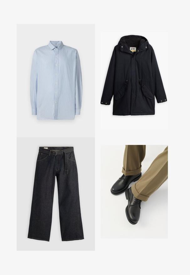 Μαύρο αδιάβροχο παρκά με αποσπώμενη κουκούλα, ελαστική μέση, δύο πλαϊνές τσέπες και μαλακή επένδυση. Διαθέτει κλείσιμο με κουμπιά και ανθεκτικό ύφασμα.; Ανδρικό πουκάμισο με μακριά μανίκια, κουμπωτό, σε ανοιχτό μπλε και λευκές κατακόρυφες ρίγες και με κοφτό γιακά, τοποθετημένο επίπεδα σε άσπρο φόντο.; Σκούρο τζην παντελόνι με φαρδιά πόδια και ζώνη στη μέση, διαθέτει μπροστινές τσέπες και αντίθετη ραφή. Απαλή υφή με καθαρό σχεδιασμό.; Μαύρα δερμάτινα παπούτσια με λείο φινίρισμα, με κορδόνια και στρογγυλή μύτη, συνδυασμένα με αναδιπλωμένα καμηλό παντελόνια.