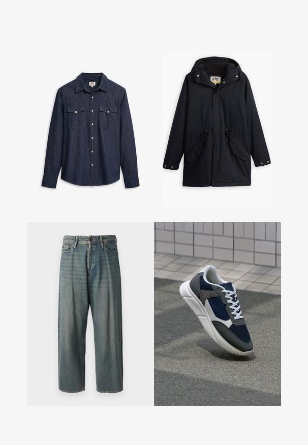 Czarna wodoodporna parka z odpinanym kapturem, regulowanym w pasie, dwoma bocznymi kieszeniami i miękką podszewką. Posiada zatrzaski i wytrzymały materiał.; Granatowa koszula dżinsowa z długimi rękawami, spiczastym kołnierzykiem i dwiema kieszeniami na piersiach. Posiada srebrne zatrzaski i kontrastowe przeszycia.; Jasnoniebieskie dżinsy o luźnym kroju, średnim stanie i prostych nogawkach. Posiadają pięć kieszeni, szlufki na pasek oraz zapięcie na guzik.; Sneakers z granatową siateczkową cholewką, szarymi zamszowymi akcentami, białą gumową podeszwą i płaskimi białymi sznurówkami, zaprojektowane z myślą o komforcie i wentylacji.
