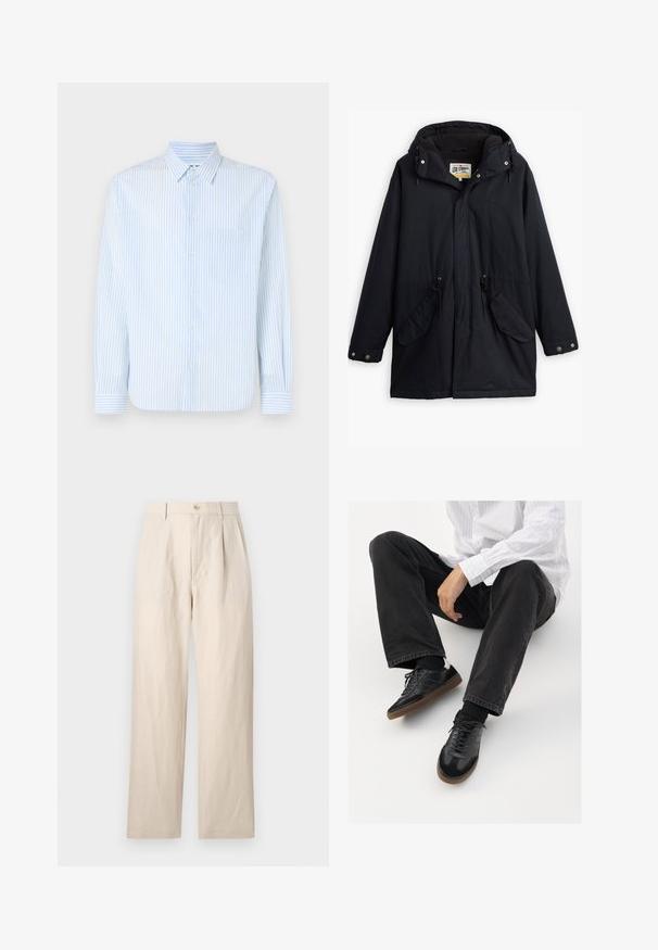 Parka impermeável preta com capuz destacável, cintura com cordão, dois bolsos laterais e um forro macio. Apresenta fechos de pressão e tecido durável.; Camisa azul clara de riscas, com botões, mangas longas, colarinho padrão e um único bolso no peito. Feita de um tecido suave com riscas verticais.; Calças de linho bege com um corte solto, apresentando frente lisa, fecho de botão único e dois bolsos. A textura franzida acrescenta detalhe.; Sneakers pretos com parte superior lisa e texturada, apresentando uma sola de borracha e atacadores escuros. Combinados com jeans pretos e uma camisa branca às riscas.