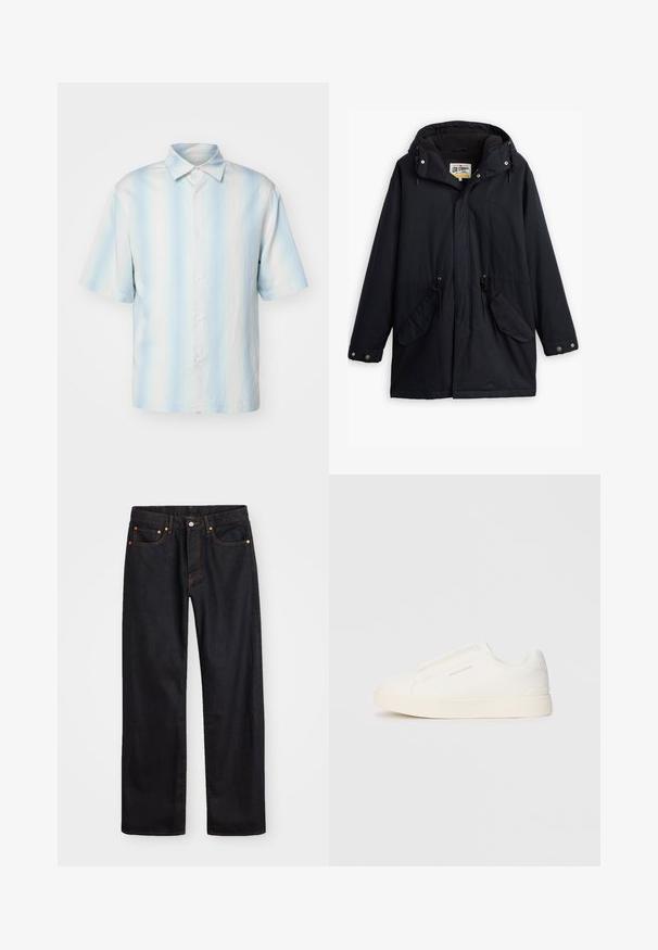 Juodas vandeniui atsparus parka su nuimamu kapišonu, raišteliu juosmeniui, dviem šoninėmis kišenėmis ir minkštu pamušalu. Yra spaudimo užsegimai ir patvari medžiaga.; sandro Marškiniai - bleu; Vyrų tiesaus kirpimo juodi džinsai iš denim medžiagos, su penkiomis kišenėmis ir oranžinėmis siūlėmis, su mygtuko ir užtrauktuko uždarymu ant priekio.; Baltos slip-on sportbačiai su tekstūruota paviršiumi, storesniu padu ir minimalistišku dizainu. Šone matosi prekės ženklo logotipas.