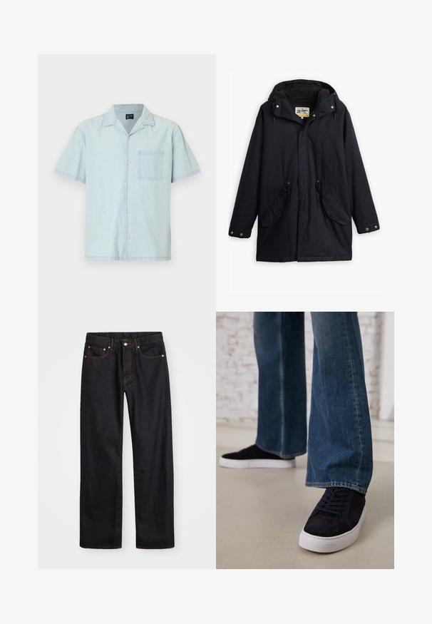 Juodas vandeniui atsparus parka su nuimamu kapišonu, raišteliu juosmeniui, dviem šoninėmis kišenėmis ir minkštu pamušalu. Yra spaudimo užsegimai ir patvari medžiaga.; Šviesiai mėlyna trumpų rankovių marškiniai iš lengvos medžiagos, su klasikinio stiliaus apykakle, priekyje esančiais mygtukais ir kairiuoju krūtinės kišenė.; Vyrų tiesaus kirpimo juodi džinsai iš denim medžiagos, su penkiomis kišenėmis ir oranžinėmis siūlėmis, su mygtuko ir užtrauktuko uždarymu ant priekio.; Tamsiai mėlyni zomšiniai sportbačiai su baltu guminio padu ir raišteliais, derinami su plačiomis džinsinėmis kelnėmis vidutinio mėlynumo skalbimo.