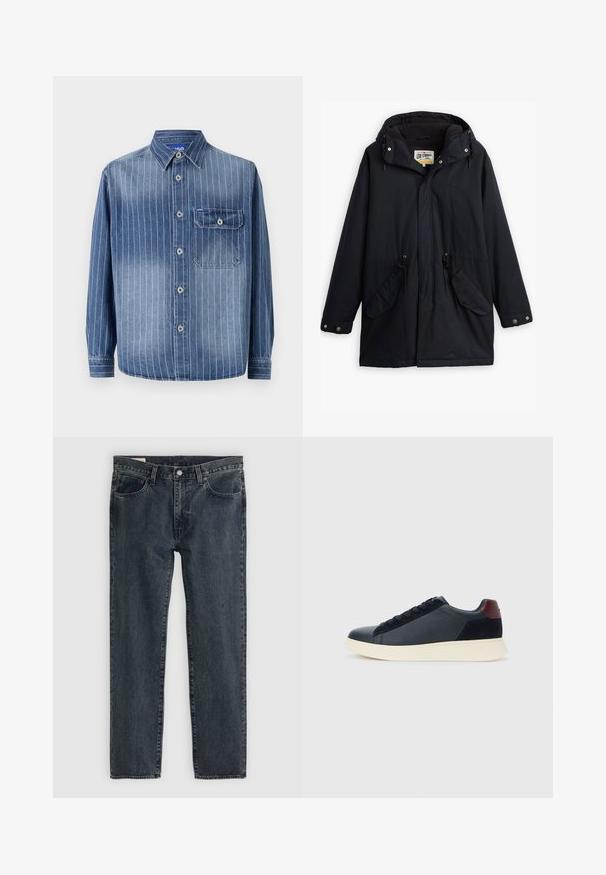 Parka impermeável preta com capuz destacável, cintura com cordão, dois bolsos laterais e um forro macio. Apresenta fechos de pressão e tecido durável.; Camisa de ganga com riscas verticais azul claro, colarinho clássico, fecho de botão, bolso no lado esquerdo do peito e mangas longas com punhos abotoados.; Jeans de denim azul-escuro com um design de perna reta, cinco bolsos e fecho com botão. O tecido apresenta um desvanecimento sutil e textura.; Sapatilha baixa masculina em couro preto e camurça com aba de calcanhar em amarelo-escuro e sola de borracha branca, vista do lado exterior.