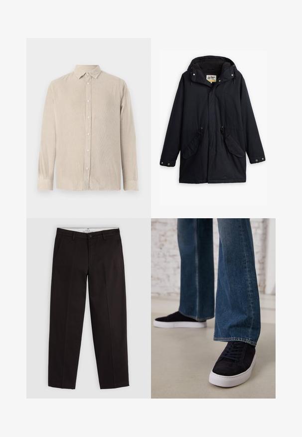 Juodas vandeniui atsparus parka su nuimamu kapišonu, raišteliu juosmeniui, dviem šoninėmis kišenėmis ir minkštu pamušalu. Yra spaudimo užsegimai ir patvari medžiaga.; Šviesiai smėlio spalvos švelnus kordūroje marškiniai su sagų uždarymu priekyje, ilgomis rankovėmis ir apykakle. Vertikalus raibu tekstūra visame paviršiuje. Lankstus kirpimas.; Juodi tiesūs chinos kelnės su dirželių kilpomis, sagos uždarymu ir šoninėmis kišenėmis, pristatyti ant šviesiai pilko fono.; Tamsiai mėlyni zomšiniai sportbačiai su baltu guminio padu ir raišteliais, derinami su plačiomis džinsinėmis kelnėmis vidutinio mėlynumo skalbimo.
