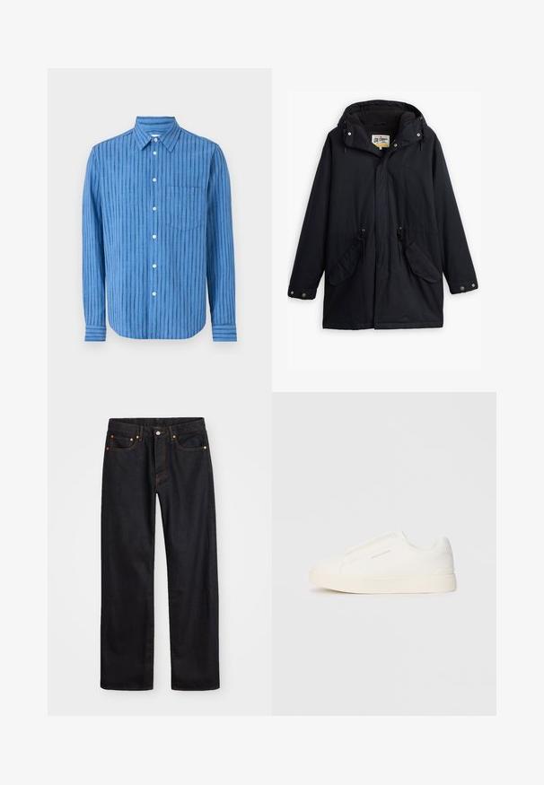 Črna nepremočljiva parka z odstranljivo kapuco, vrvico v pasu, dvema stranskima žepoma in mehkim podlogom. Vključuje gumbe za zapiranje in trpežno tkanino.; Modra majica z dolgimi rokavi in horizontalnimi črtami. Ima gumbno zapiranje na sprednji strani, ovratnik in žep na prsih. Narejena je iz teksturirane tkanine.; Moške črne kavbojke ravnega kroja z petimi žepi in oranžnim šivanjem, z gumbom in zadrgo na sprednjem pasu.; Bele zapete brez vezalk z teksturirano površino, debelim podplatom in minimalističnim dizajnom. Na strani se nahaja logotip blagovne znamke.