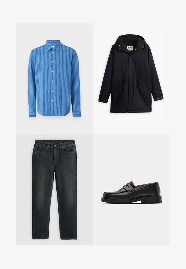 Črna nepremočljiva parka z odstranljivo kapuco, vrvico v pasu, dvema stranskima žepoma in mehkim podlogom. Vključuje gumbe za zapiranje in trpežno tkanino.; Modra majica z dolgimi rokavi in horizontalnimi črtami. Ima gumbno zapiranje na sprednji strani, ovratnik in žep na prsih. Narejena je iz teksturirane tkanine.; Temno modri traper hlače z ravnim krojem, opremljene s petimi žepi, zadrgo in kontrastnim šivom. Nežna bledica na tkanini.; Črne usnjene loafersice imajo dvignjen šiv, dve dekorativni trakovi na zgornjem delu in debel strukturiran podplat za boljši oprijem.
