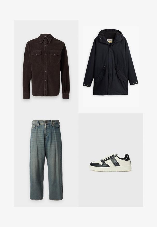 Melna ūdensizturīga parka ar noņemamu kapuci, regulējamu jostu, divām sānu kabatām un mīkstu oderi. Ietekme slēgšanai un izturīgs audums.; Brūns kordūrveida krekls ar klasisko apkakli, garām piedurknēm, diviem krūšu kabatām ar pogu aizdari un teksturētu audumu.; Gaiši zili džinsi ar brīvu piegriezumu, vidējo jostas augstumu un taisnām kājām. Satur piecas kabatas, jostas cilpas un pogu aizdari.; Ādas sporta apavi ar melnbaltu krāsu shēmu, ar perforētiem akcentiem, mīkstinātu apkakli un teksturētu zoli.