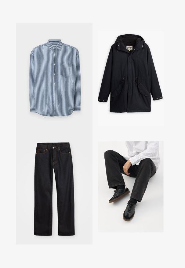 Črna nepremočljiva parka z odstranljivo kapuco, vrvico v pasu, dvema stranskima žepoma in mehkim podlogom. Vključuje gumbe za zapiranje in trpežno tkanino.; Srajca z gumbki iz lahkega bombaža, ki ima navpične modre in bele črte, žep na prsih ter klasičen ovratnik.; Moške črne kavbojke ravnega kroja z petimi žepi in oranžnim šivanjem, z gumbom in zadrgo na sprednjem pasu.; Črne superge z gladkim in strukturiranim zgornjim delom, ki vključuje gumijast podplat in temne vezalke. Uvrščene so z štručasto črnimi kavbojkami in belo črtasto majico.
